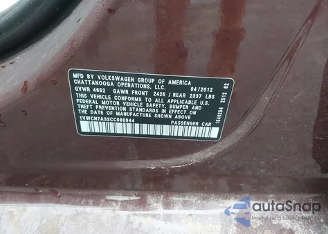 2012 Volkswagen Passat 2.0L Tdi Sel Premium z USA, uszkodzony, nr VIN 1VWCN7A33CC080944